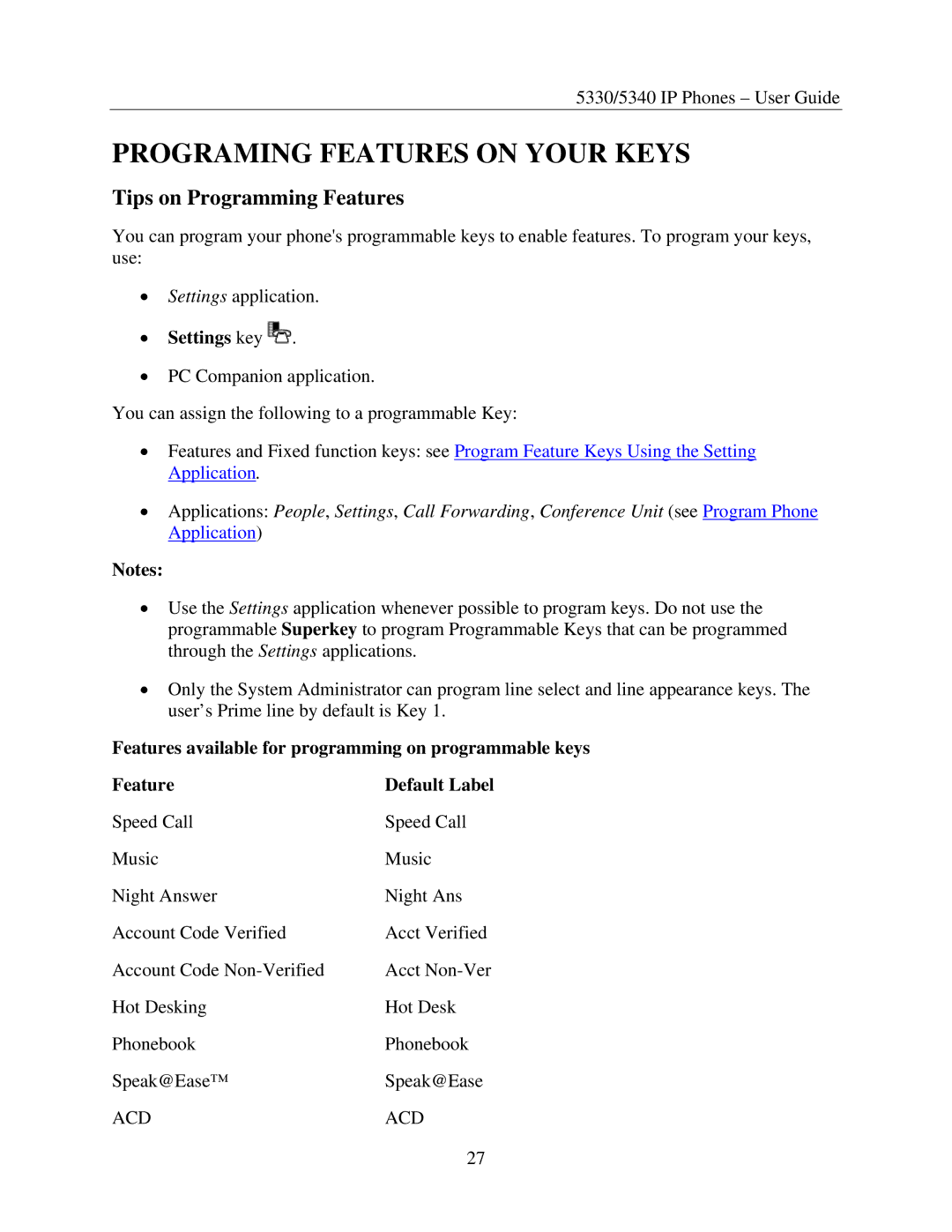 Mitel 5330, 5340 manual Programing Features on Your Keys, Tips on Programming Features, Settings key 