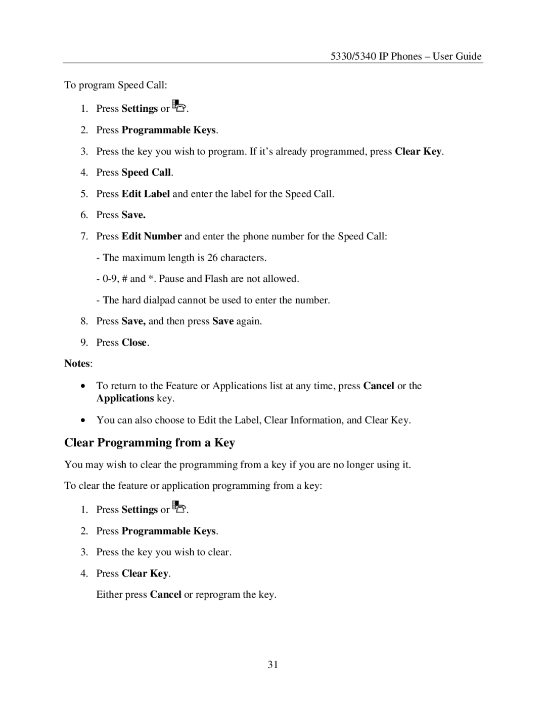 Mitel 5330, 5340 manual Clear Programming from a Key, Press Speed Call, Press Clear Key 