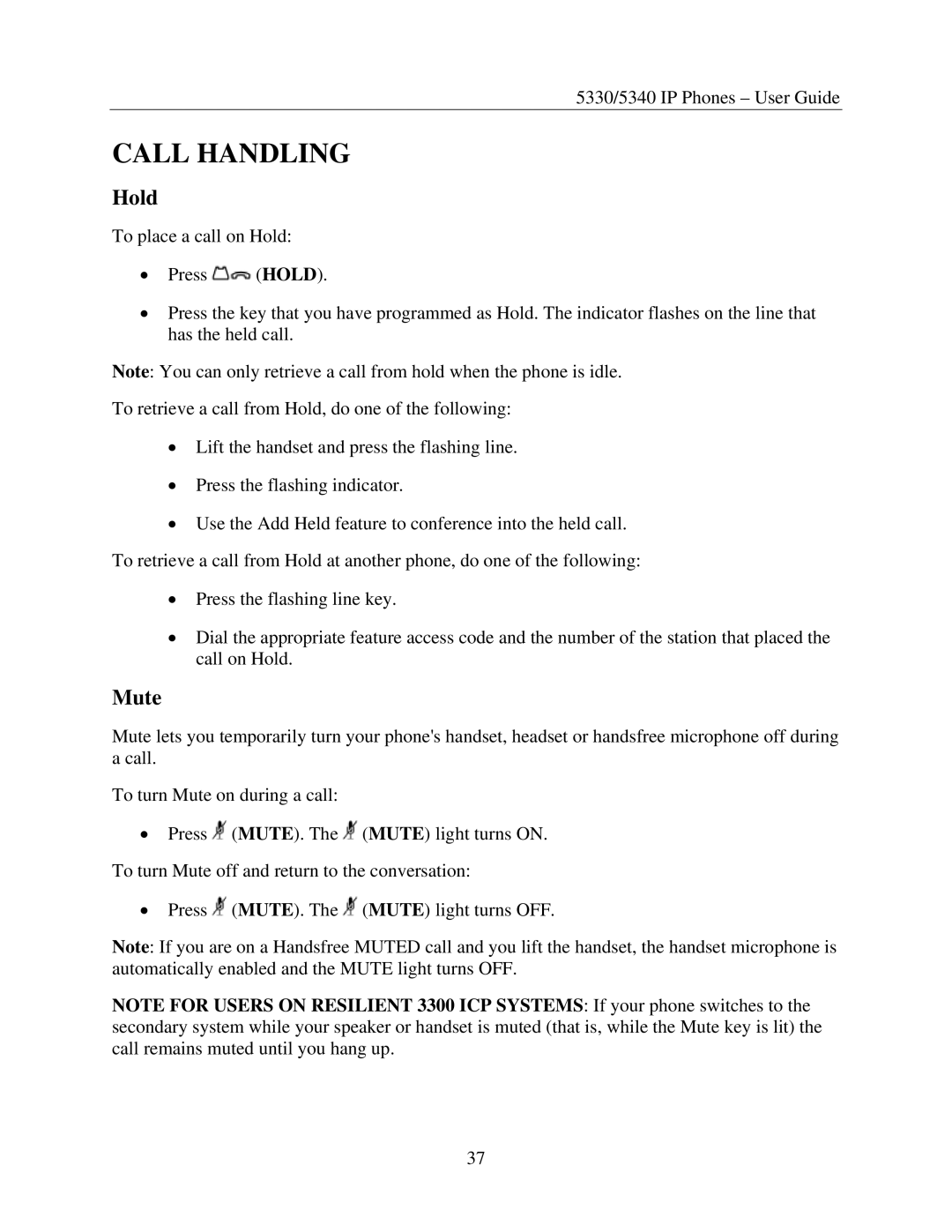 Mitel 5330, 5340 manual Call Handling, Hold, Mute 