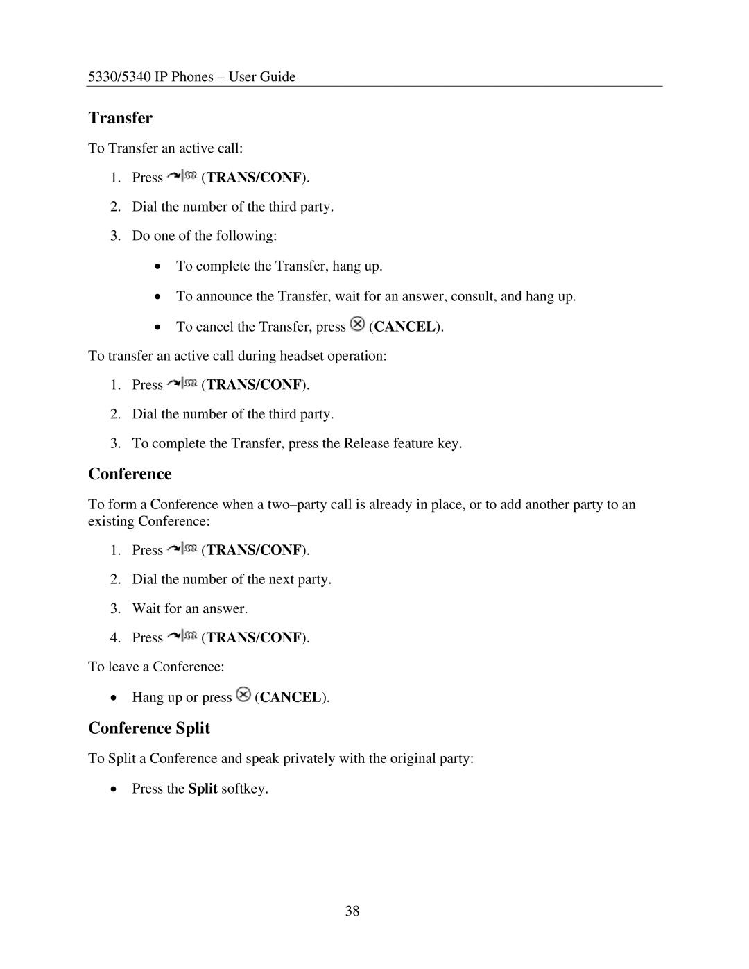 Mitel 5340, 5330 manual Transfer, Conference Split 