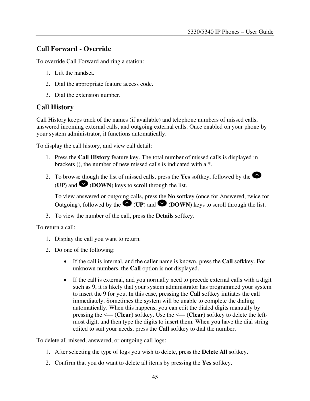 Mitel 5330, 5340 manual Call Forward Override, Call History 