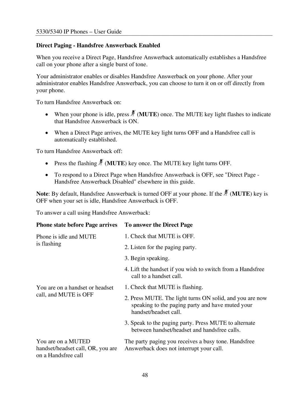 Mitel 5340, 5330 manual Direct Paging Handsfree Answerback Enabled, Phone state before Page arrives To answer the Direct 
