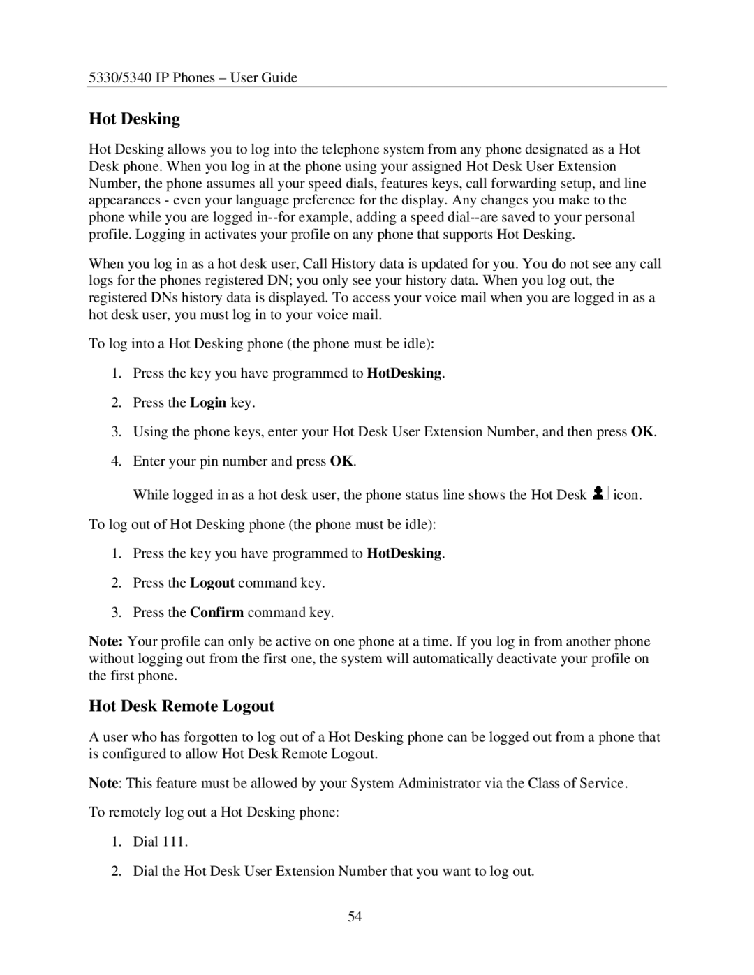 Mitel 5340, 5330 manual Hot Desking, Hot Desk Remote Logout 