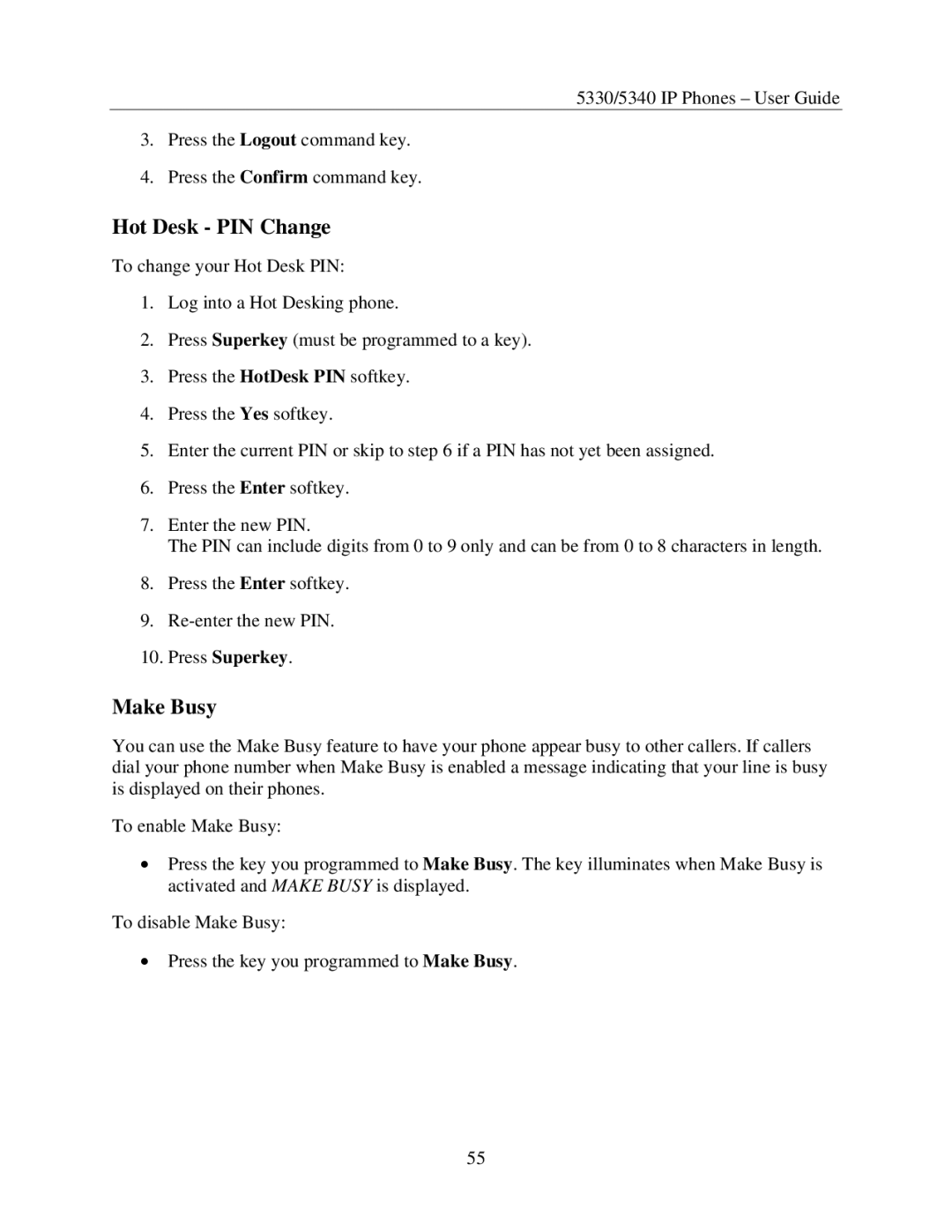 Mitel 5330, 5340 manual Hot Desk PIN Change, Make Busy 