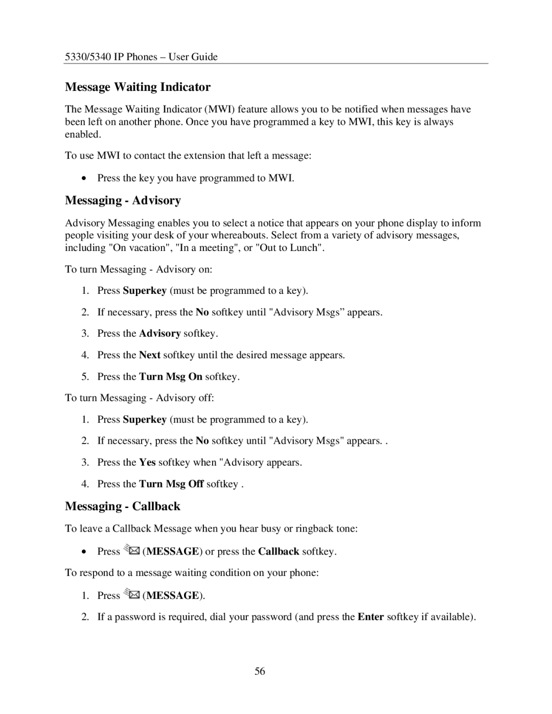 Mitel 5340, 5330 manual Message Waiting Indicator, Messaging Advisory, Messaging Callback 