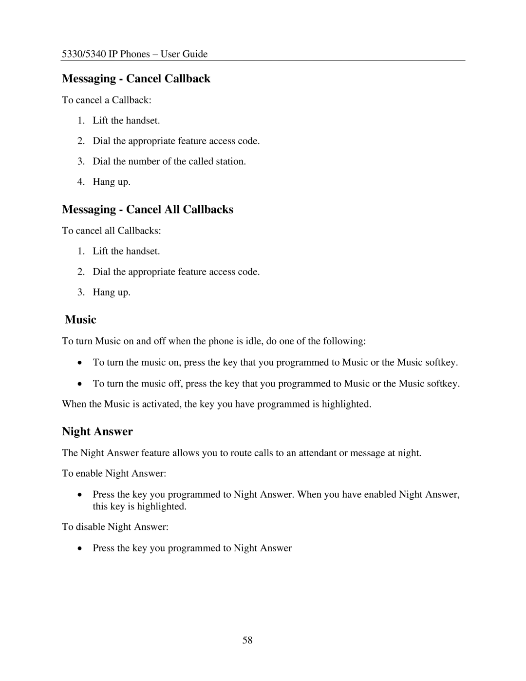 Mitel 5340, 5330 manual Messaging Cancel Callback, Messaging Cancel All Callbacks, Music, Night Answer 