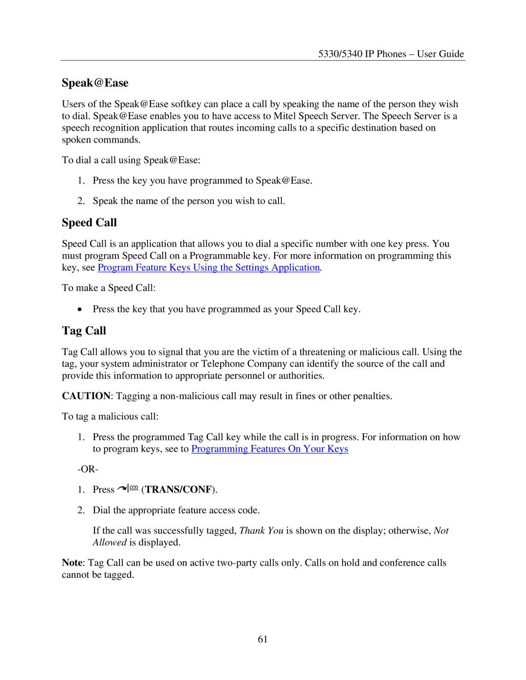 Mitel 5330, 5340 manual Speak@Ease, Speed Call, Tag Call 