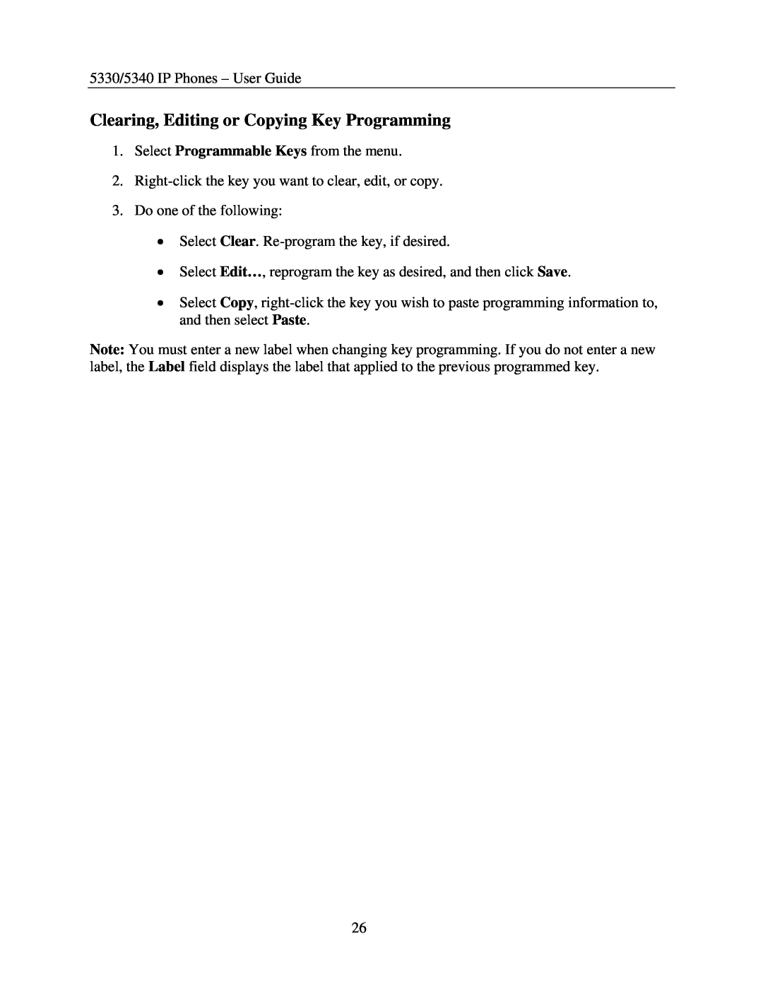 Mitel 5340, 5330 manual Clearing, Editing or Copying Key Programming 