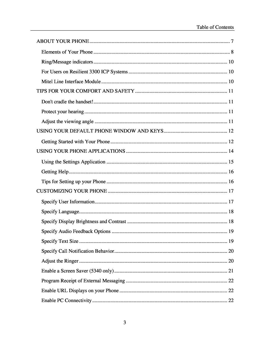 Mitel 5330, 5340 manual Table of Contents 
