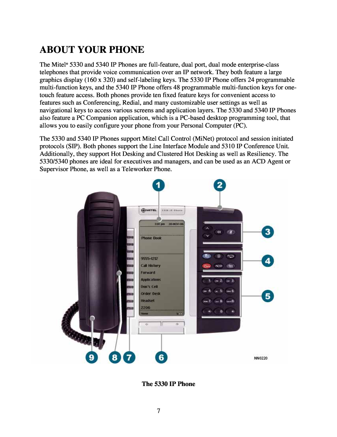 Mitel 5340 manual About Your Phone, The 5330 IP Phone 