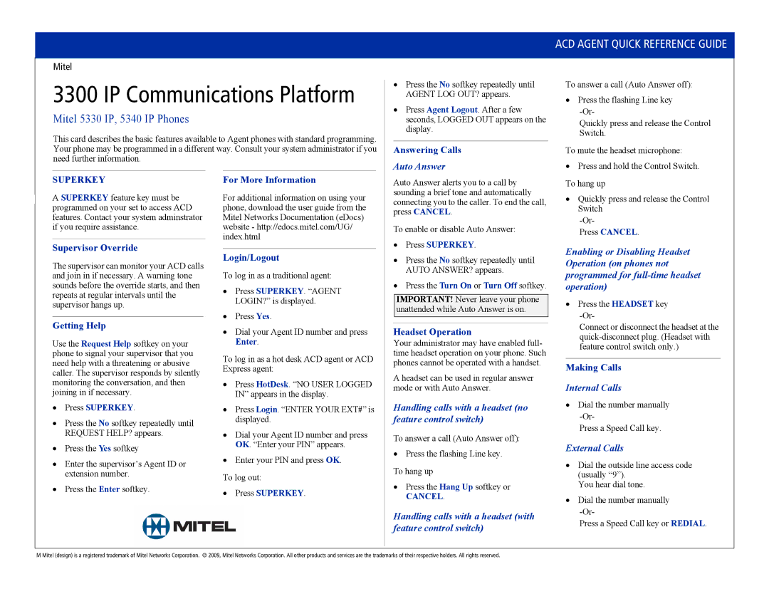 Mitel 5330 IP manual Auto Answer, Handling calls with a headset no feature control switch, Internal Calls, External Calls 