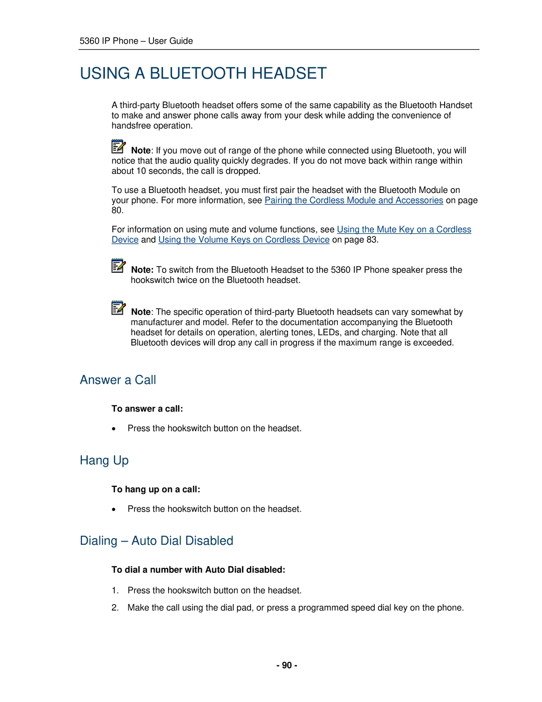 Mitel 5360 manual Using a Bluetooth Headset, To answer a call, To hang up on a call 