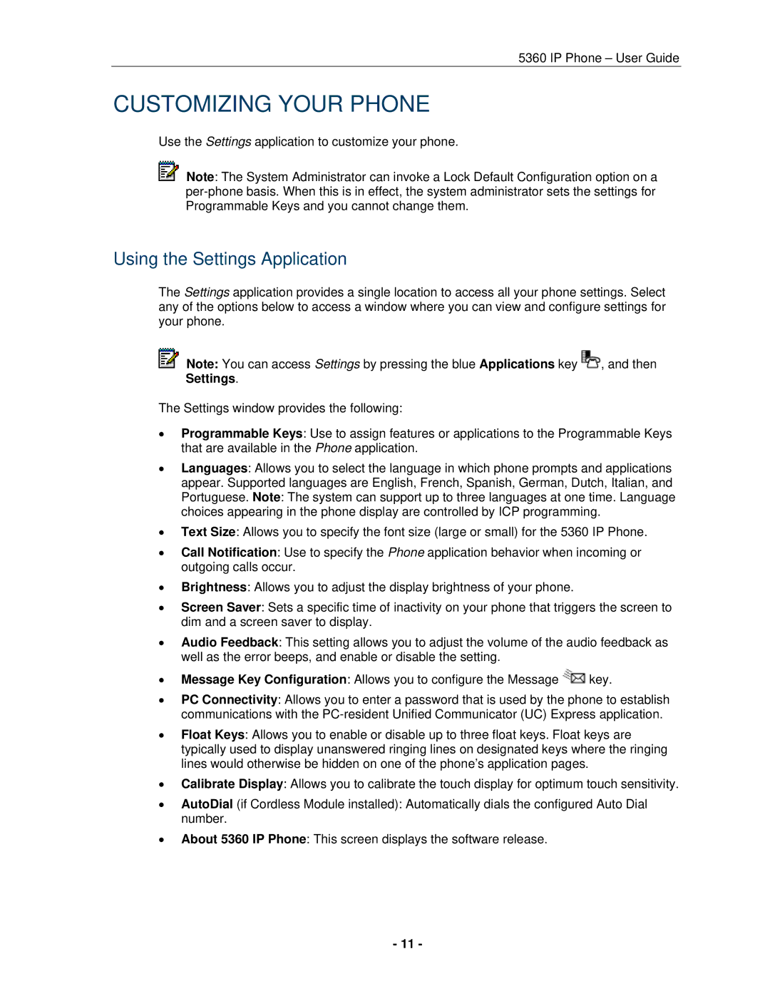 Mitel 5360 manual Customizing Your Phone, Using the Settings Application 