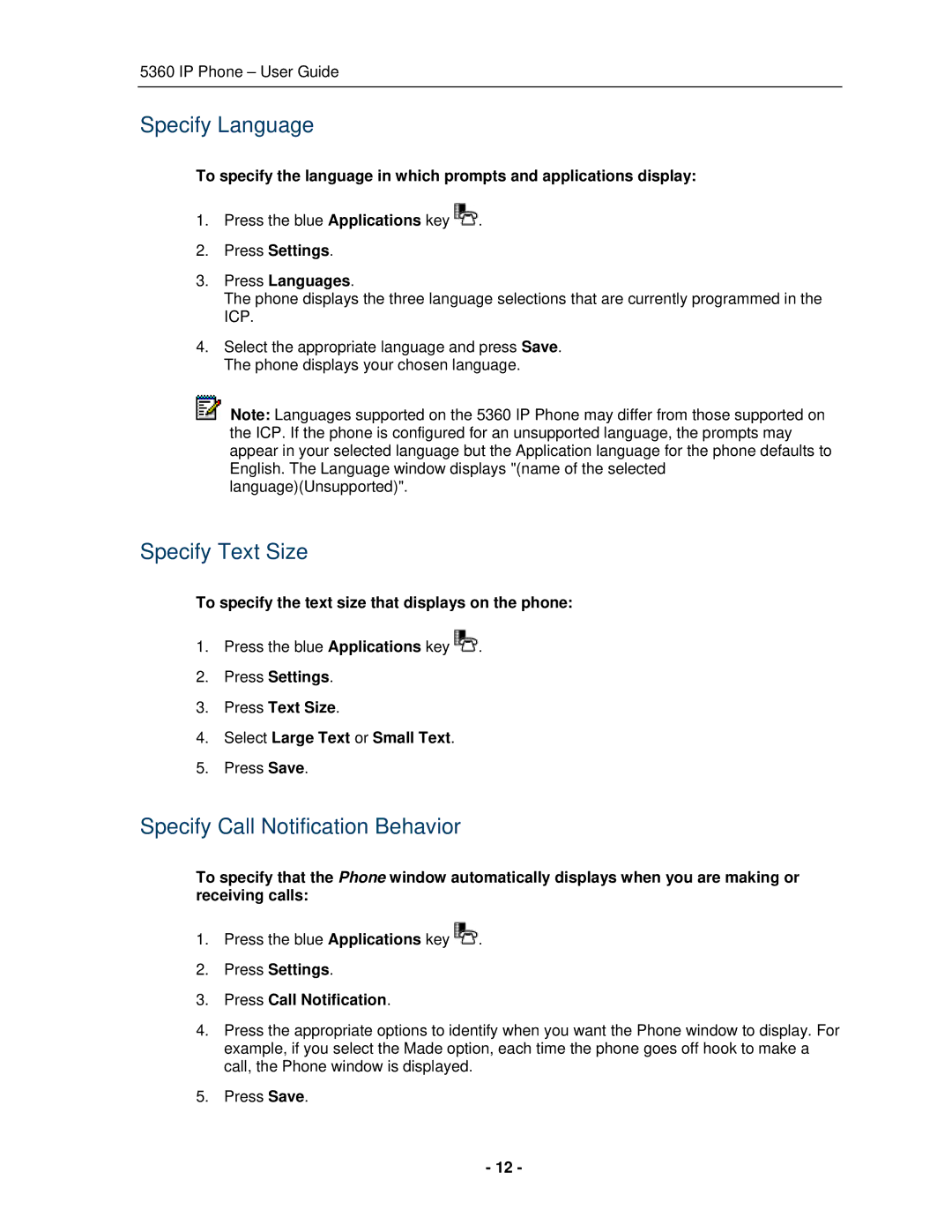 Mitel 5360 manual Specify Language, Specify Text Size, Specify Call Notification Behavior 