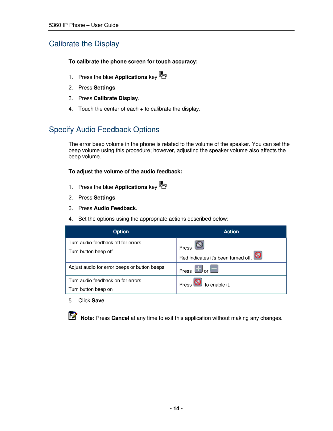 Mitel 5360 manual Calibrate the Display, Specify Audio Feedback Options 