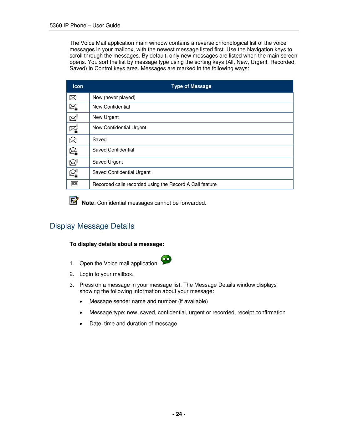 Mitel 5360 manual Display Message Details, To display details about a message 