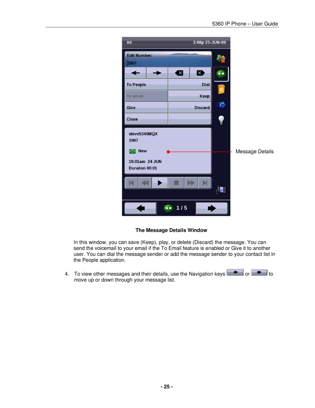 Mitel 5360 manual Message Details Window 