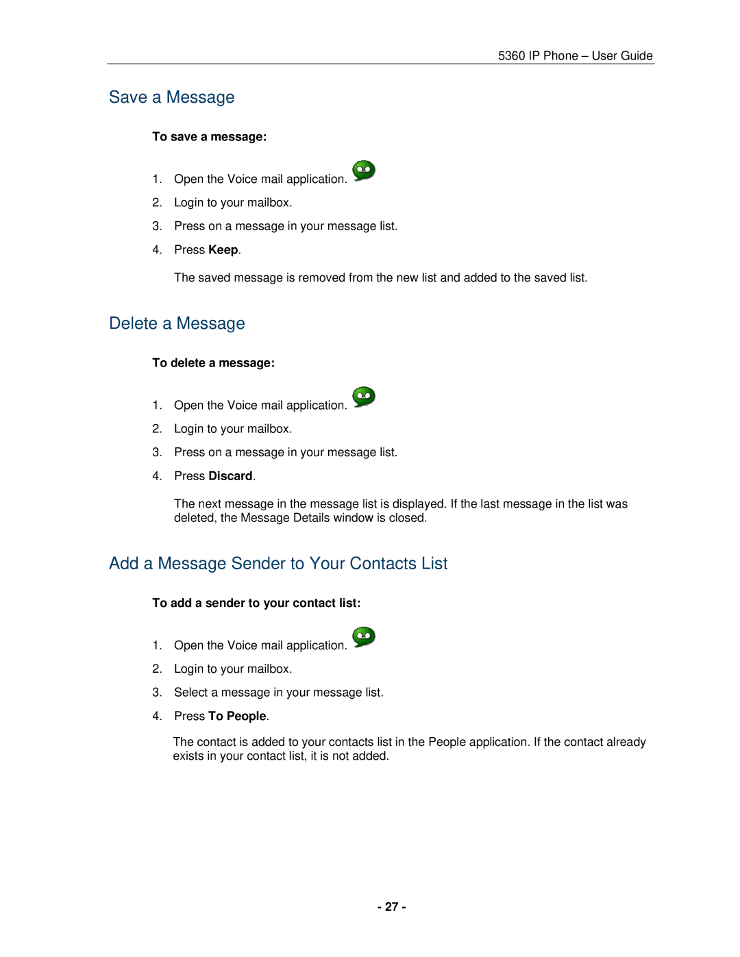 Mitel 5360 manual Save a Message, Delete a Message, Add a Message Sender to Your Contacts List 