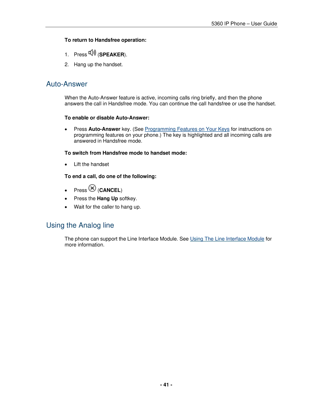 Mitel 5360 manual Auto-Answer, Using the Analog line 