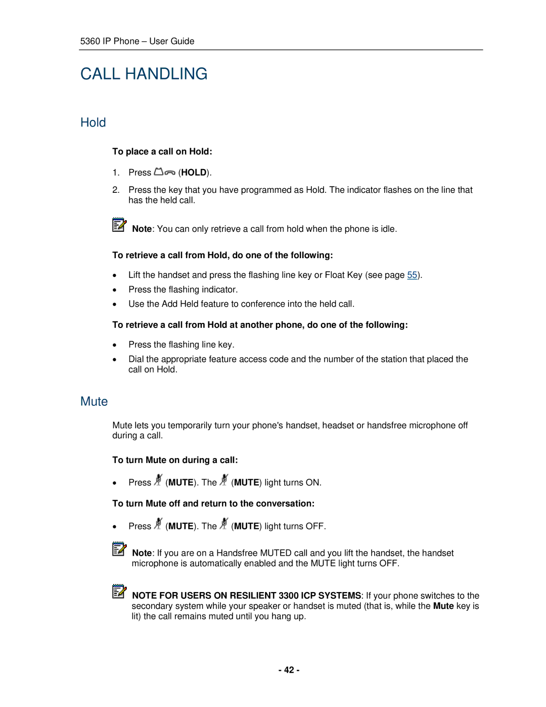 Mitel 5360 manual Call Handling, Hold, Mute 