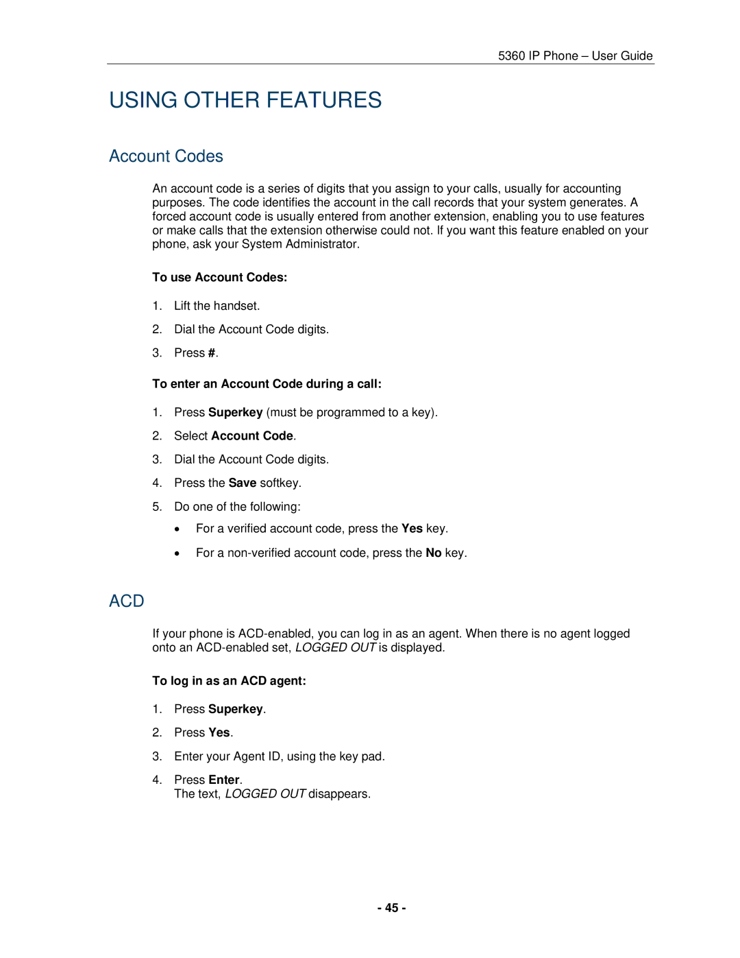 Mitel 5360 manual Using Other Features, Account Codes 