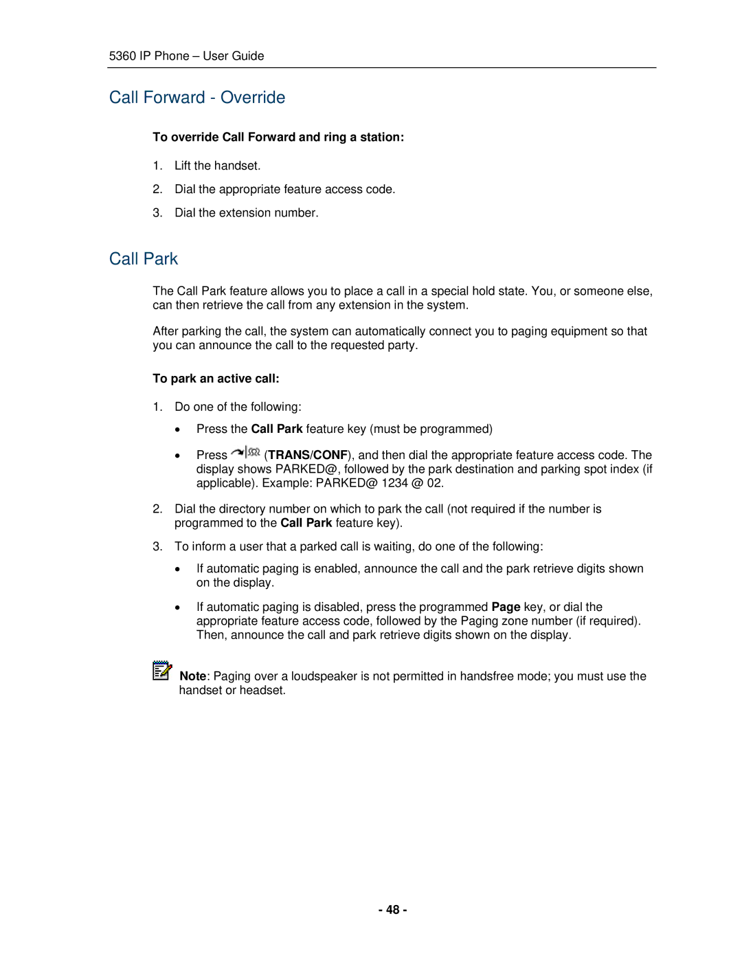 Mitel 5360 manual Call Forward Override, Call Park, To override Call Forward and ring a station, To park an active call 