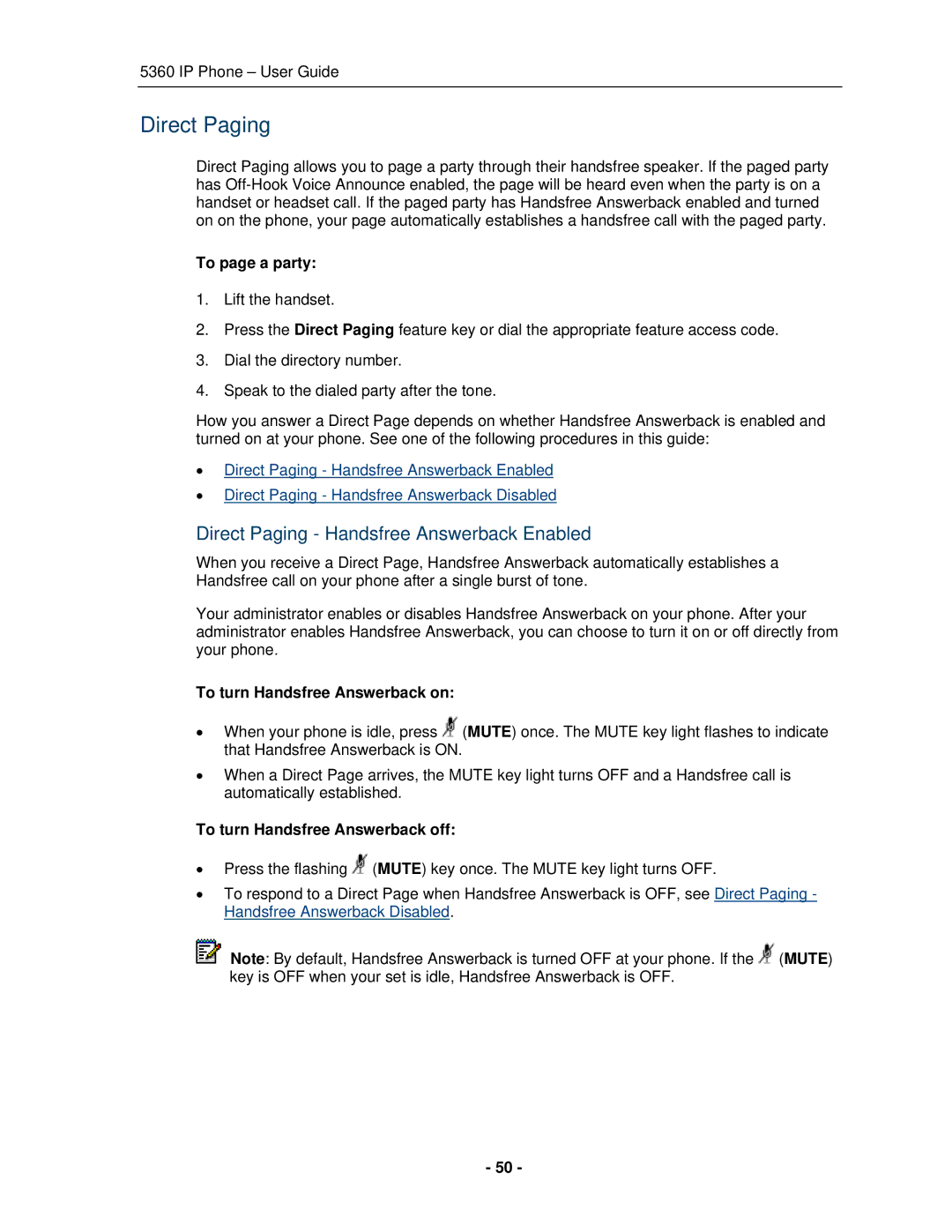 Mitel 5360 manual Direct Paging Handsfree Answerback Enabled, To page a party, To turn Handsfree Answerback on 