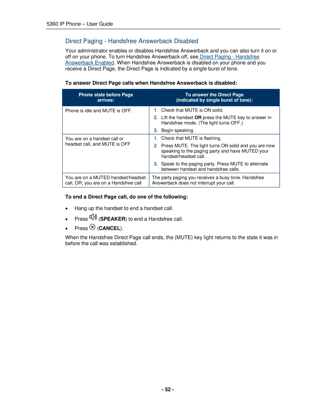 Mitel 5360 manual Direct Paging Handsfree Answerback Disabled, To end a Direct Page call, do one of the following 