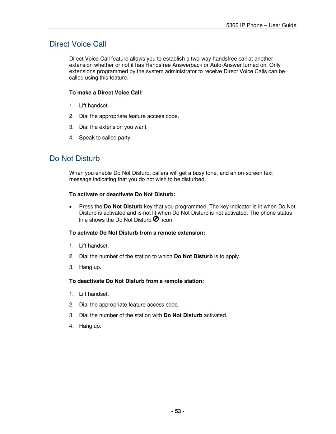 Mitel 5360 manual Direct Voice Call, Do Not Disturb 