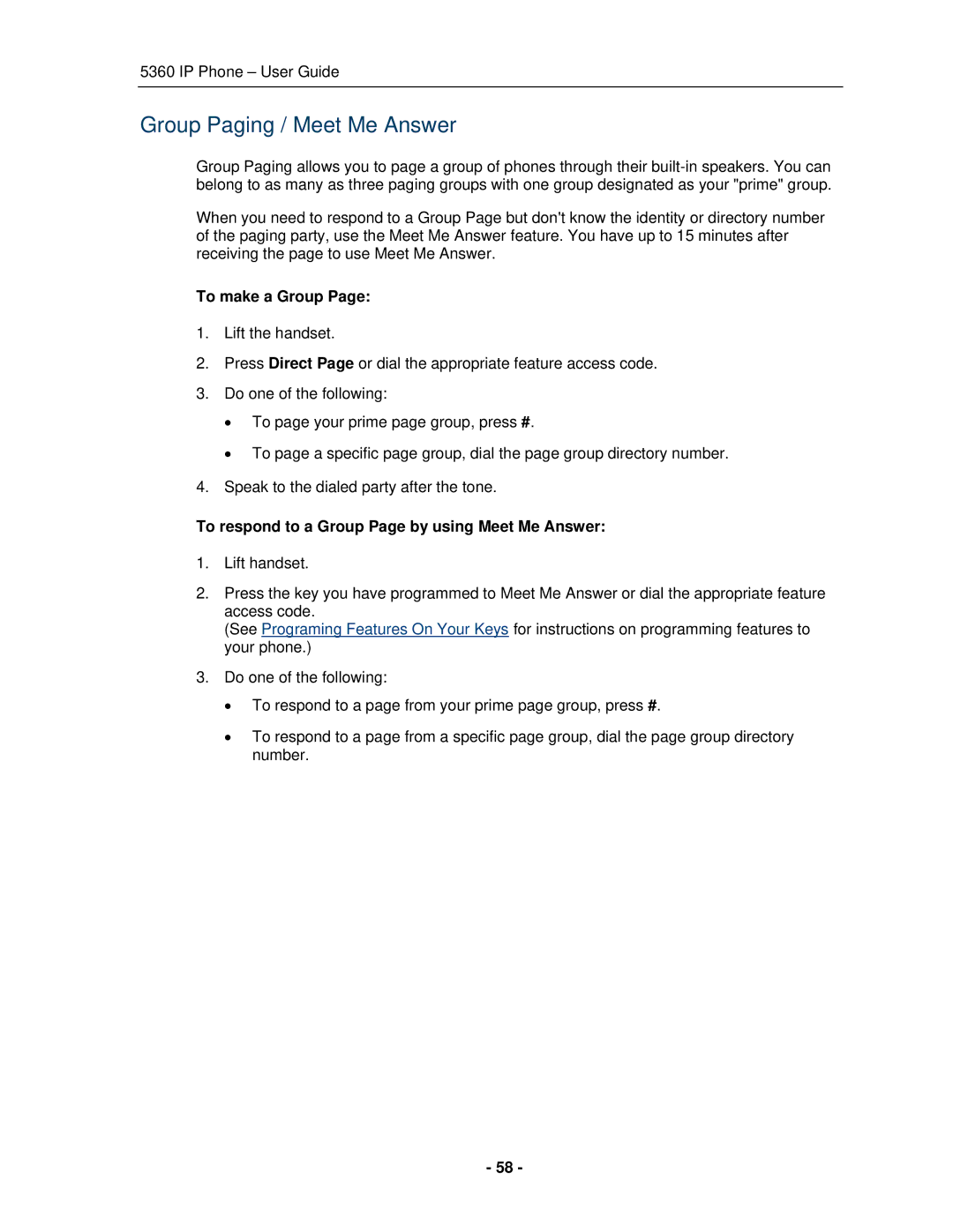 Mitel 5360 manual Group Paging / Meet Me Answer, To make a Group, To respond to a Group Page by using Meet Me Answer 