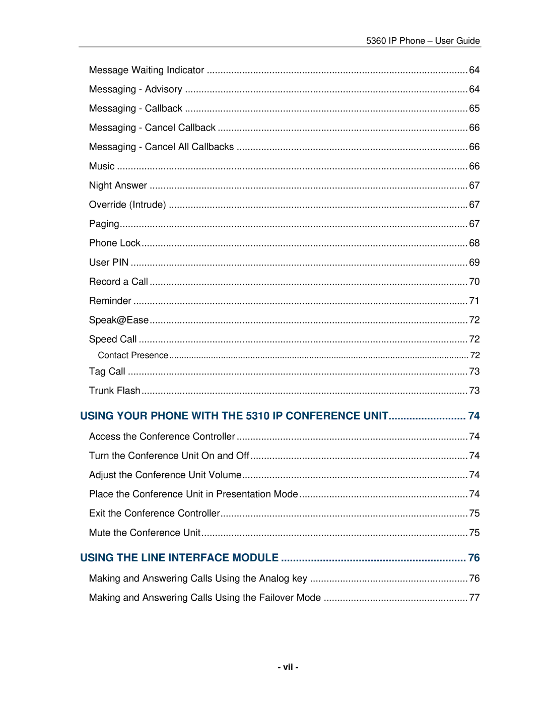 Mitel 5360 manual Using Your Phone with the 5310 IP Conference Unit, Vii 