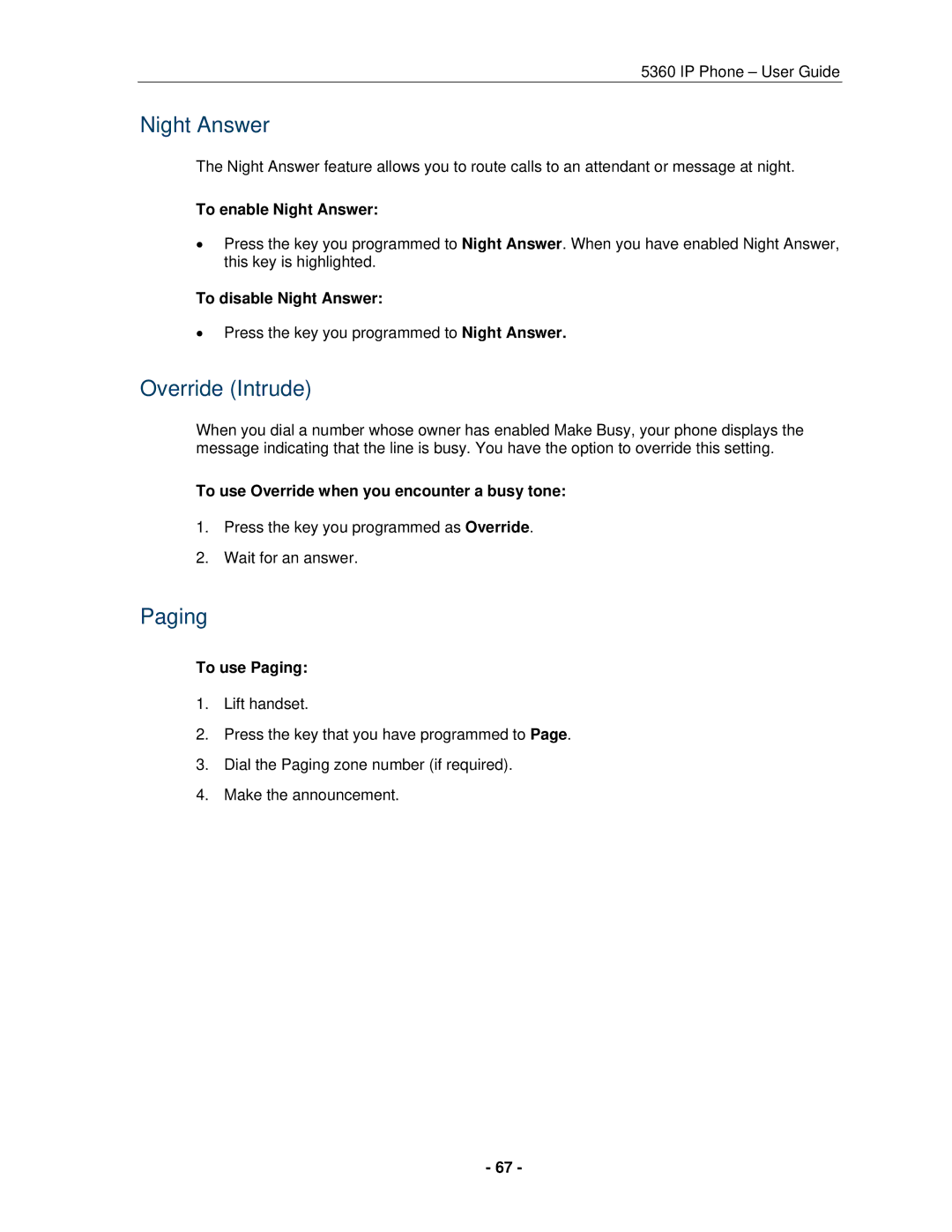 Mitel 5360 manual Night Answer, Override Intrude, Paging 