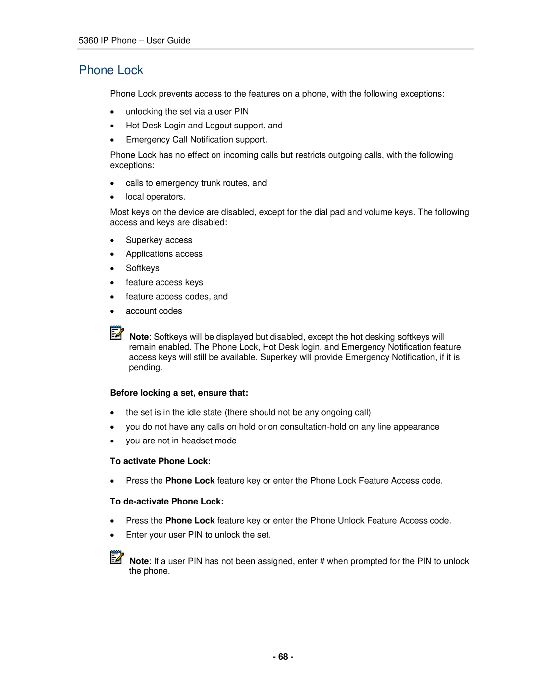 Mitel 5360 manual Before locking a set, ensure that, To activate Phone Lock, To de-activate Phone Lock 