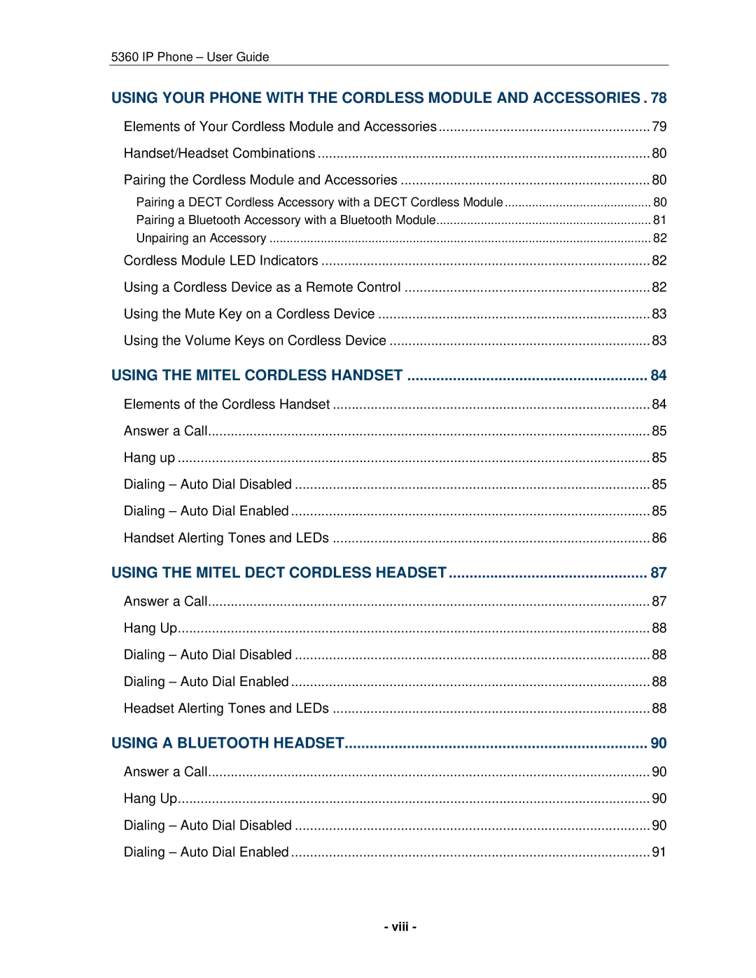 Mitel 5360 manual Using Your Phone with the Cordless Module and Accessories, Viii 