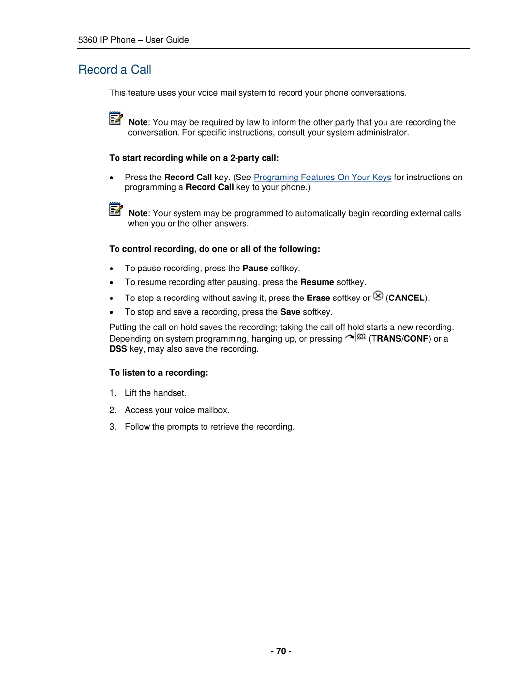 Mitel 5360 Record a Call, To start recording while on a 2-party call, To control recording, do one or all of the following 