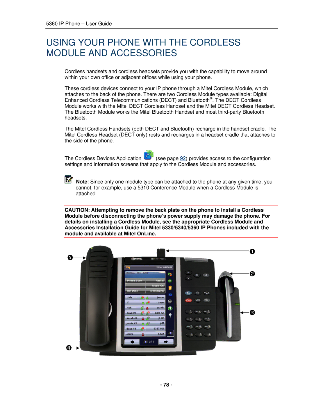 Mitel 5360 manual Using Your Phone with the Cordless Module and Accessories 