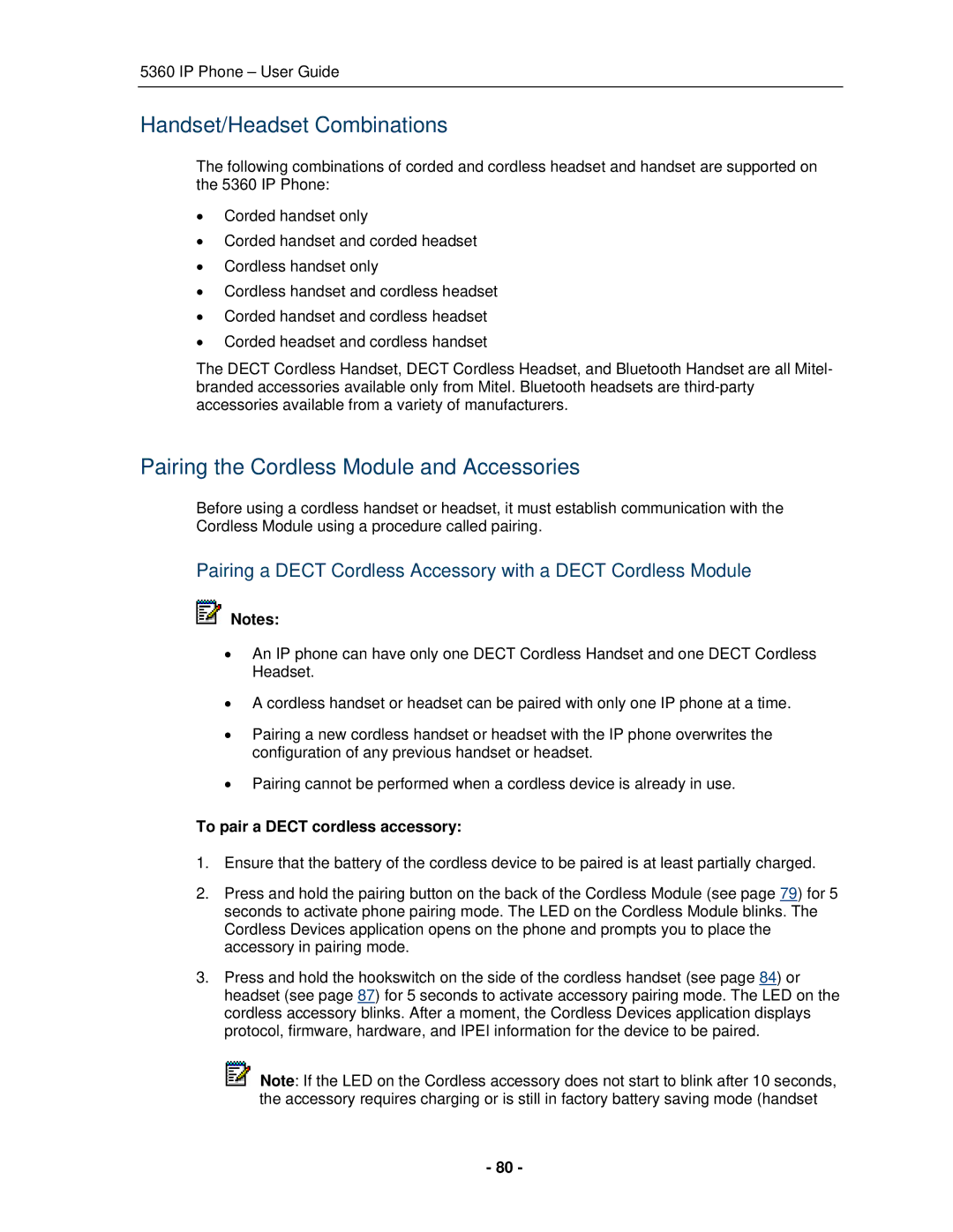 Mitel 5360 Handset/Headset Combinations, Pairing the Cordless Module and Accessories, To pair a Dect cordless accessory 