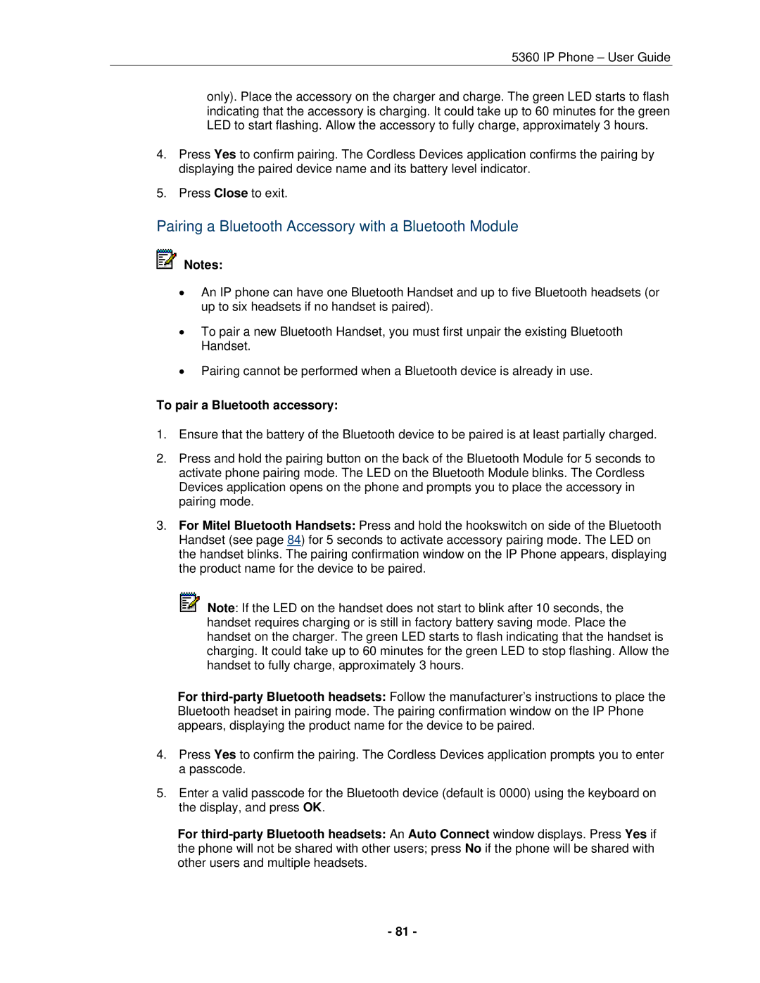 Mitel 5360 manual Pairing a Bluetooth Accessory with a Bluetooth Module, To pair a Bluetooth accessory 