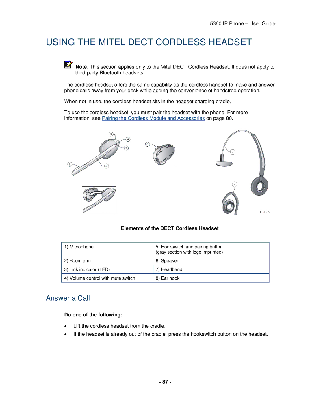 Mitel 5360 manual Using the Mitel Dect Cordless Headset, Elements of the Dect Cordless Headset 