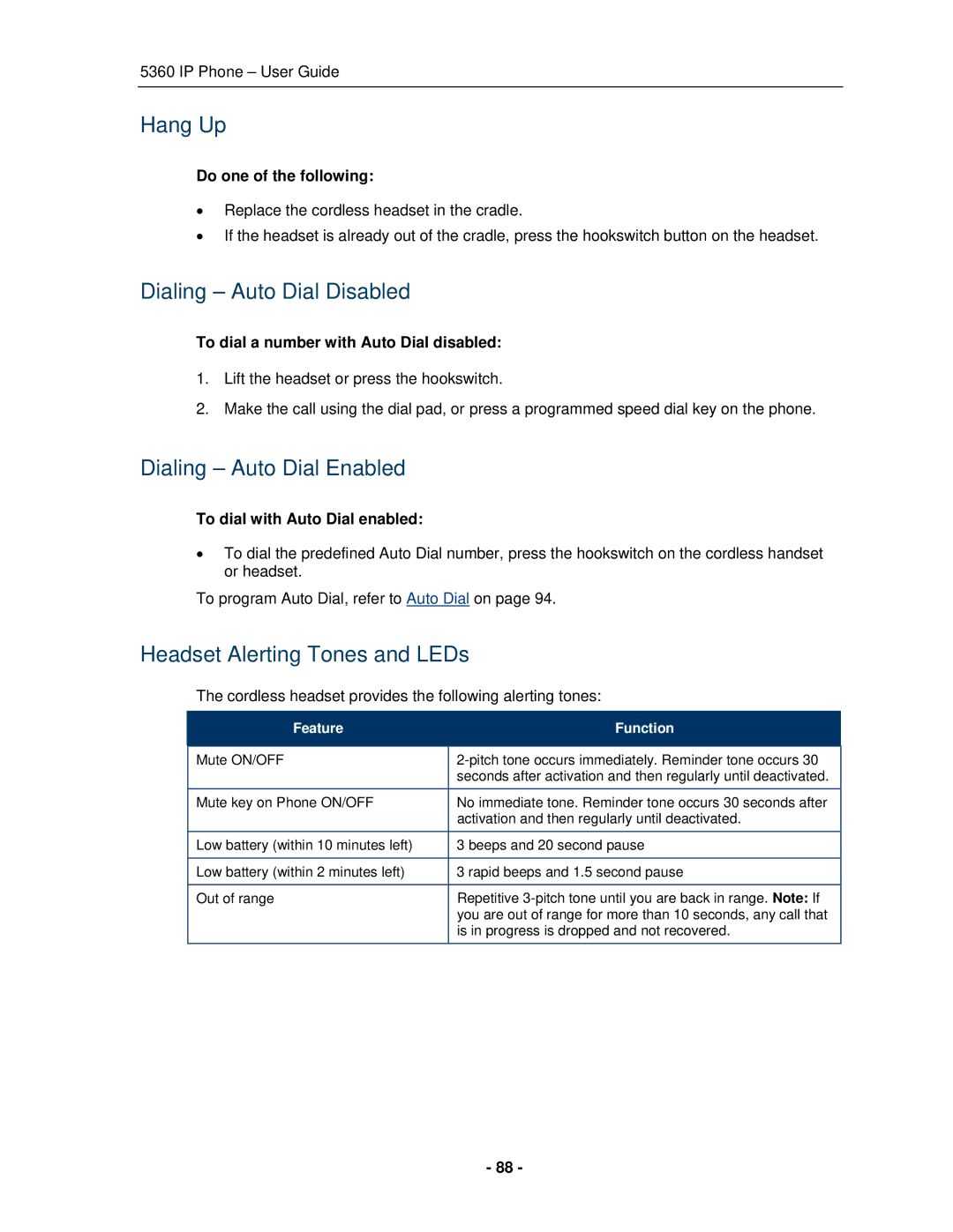 Mitel 5360 manual Headset Alerting Tones and LEDs, Cordless headset provides the following alerting tones 