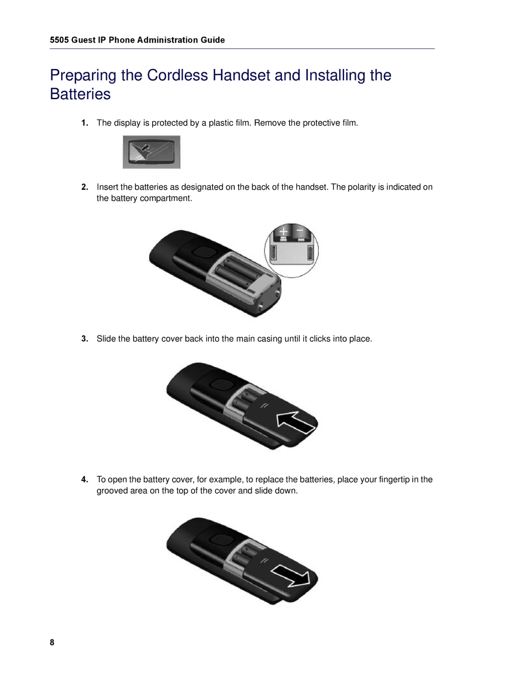 Mitel 5505 manual Preparing the Cordless Handset and Installing the Batteries 