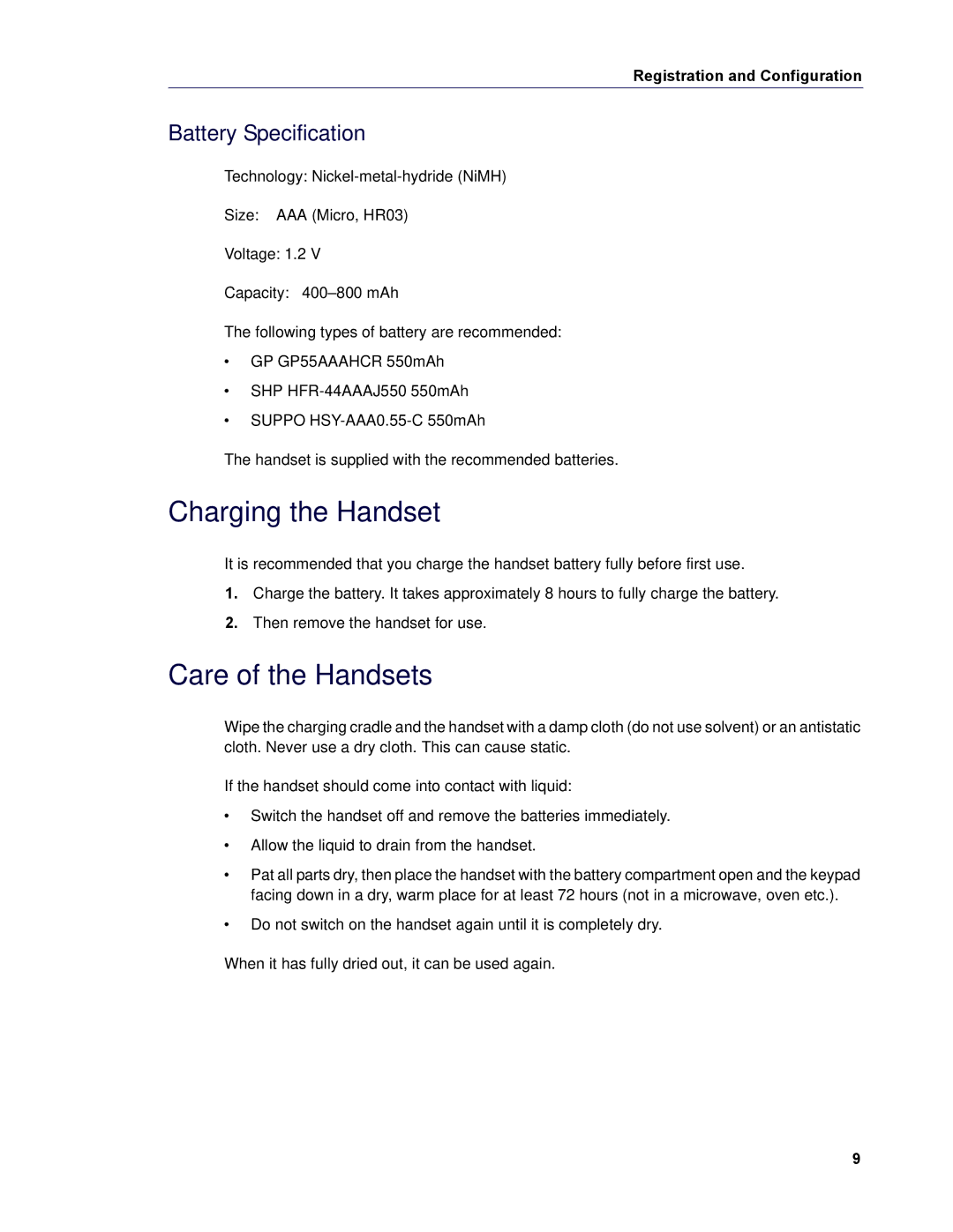 Mitel 5505 manual Charging the Handset, Care of the Handsets, Battery Specification 