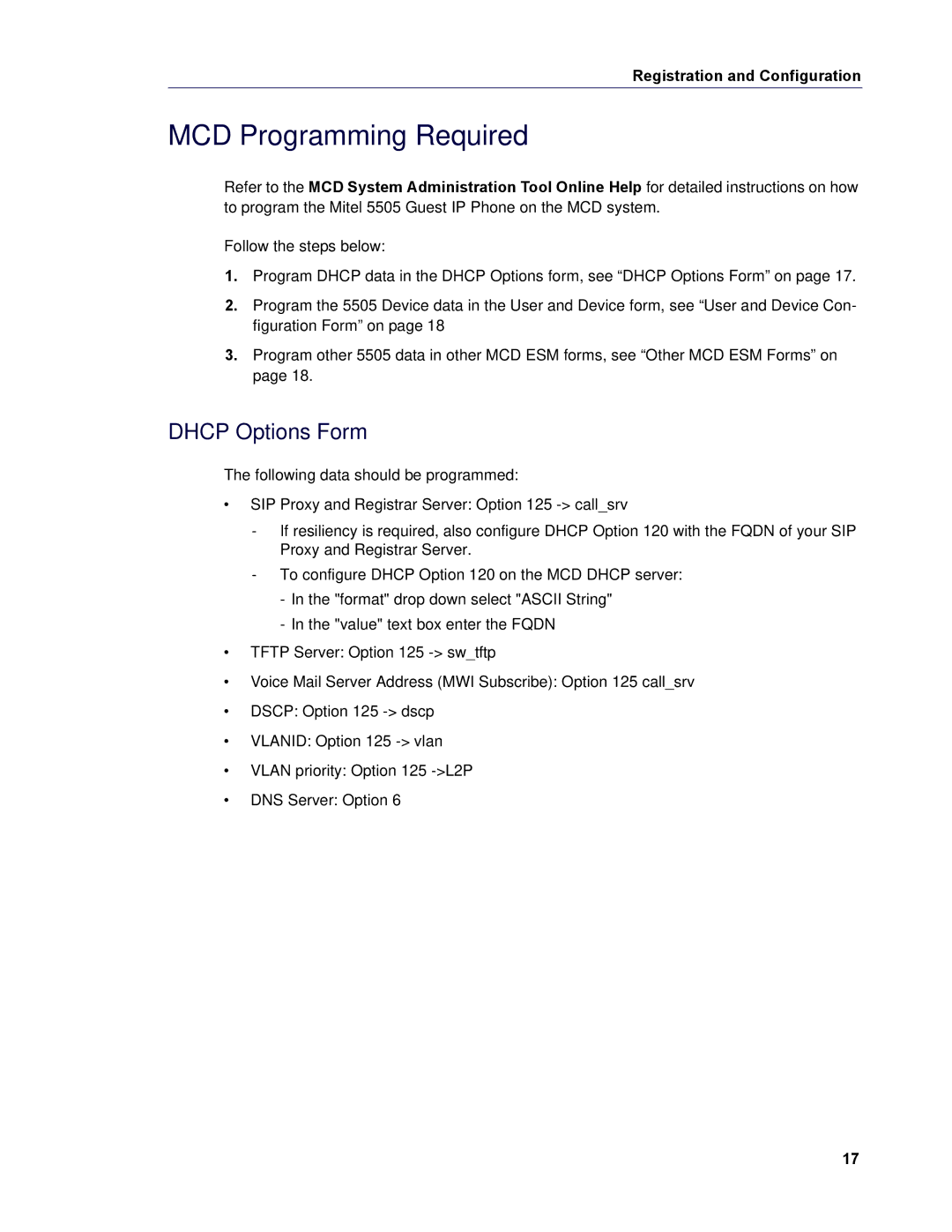 Mitel 5505 manual MCD Programming Required, Dhcp Options Form 