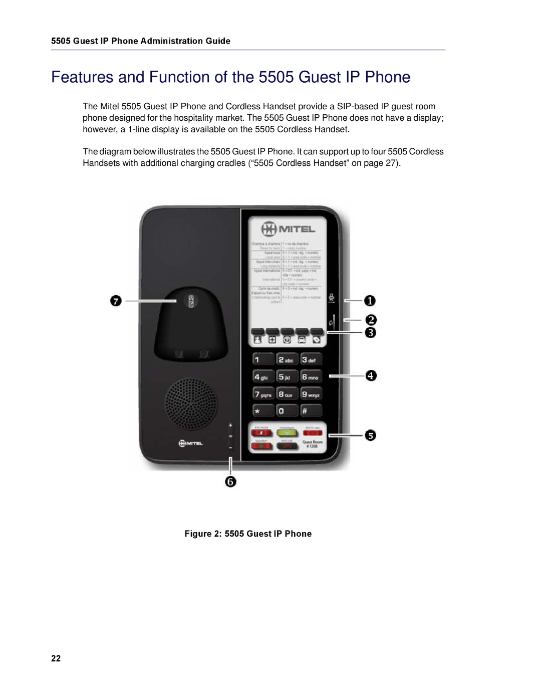 Mitel manual Features and Function of the 5505 Guest IP Phone 