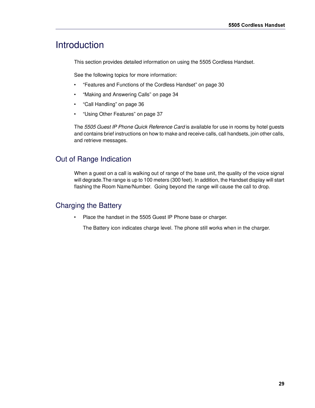 Mitel 5505 manual Out of Range Indication, Charging the Battery 