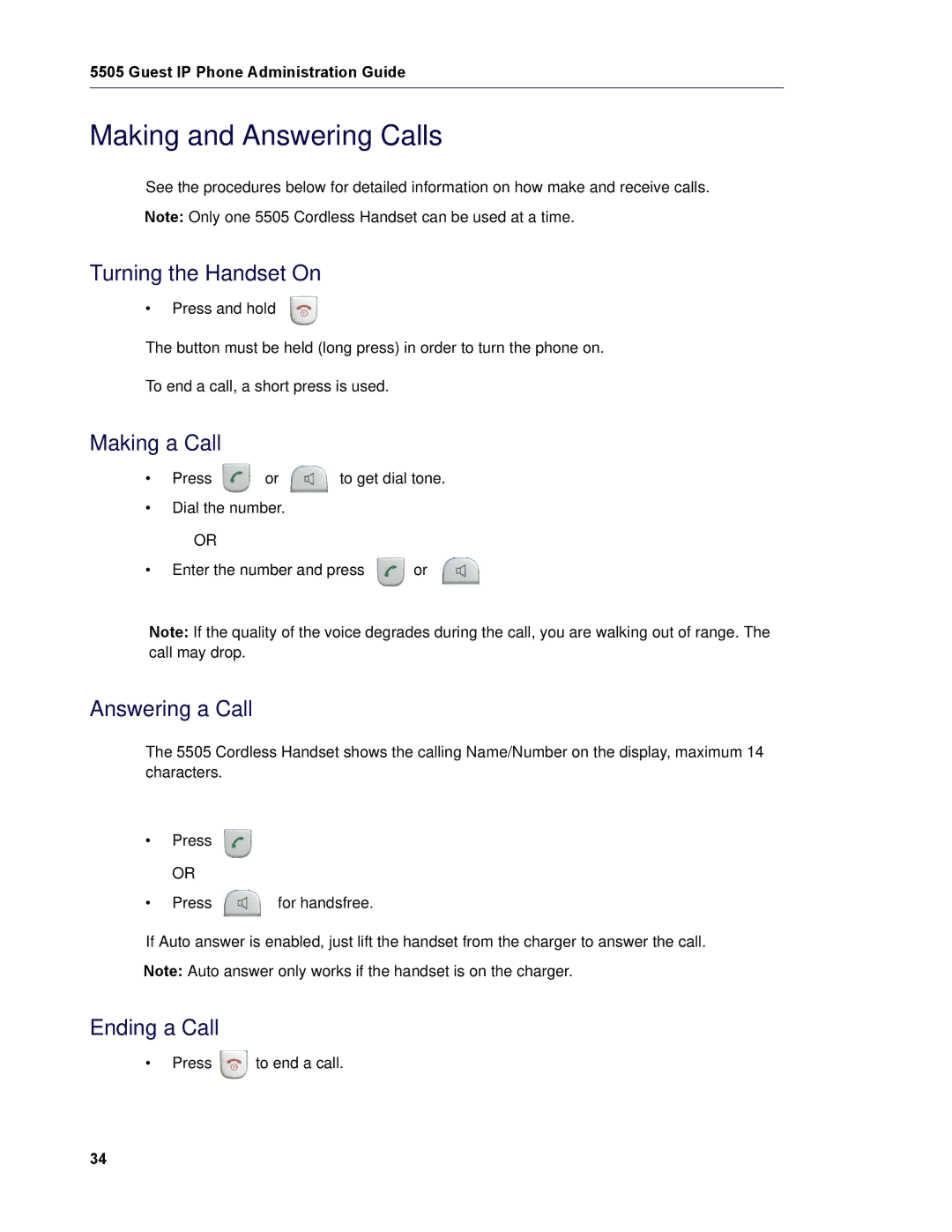 Mitel 5505 manual Making and Answering Calls, Turning the Handset On 