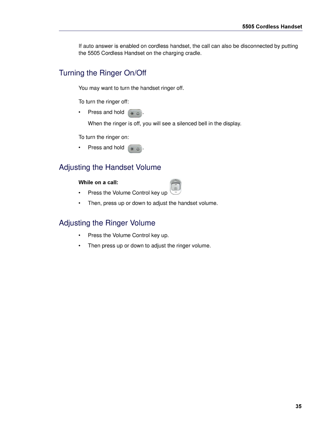 Mitel 5505 manual Turning the Ringer On/Off, Adjusting the Handset Volume 