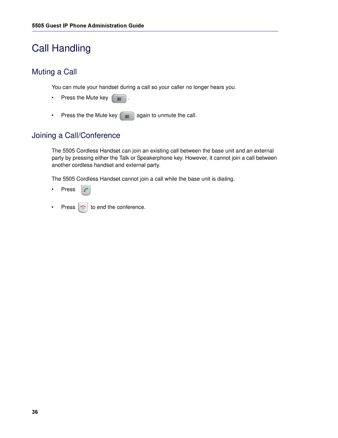 Mitel 5505 manual Call Handling, Joining a Call/Conference 