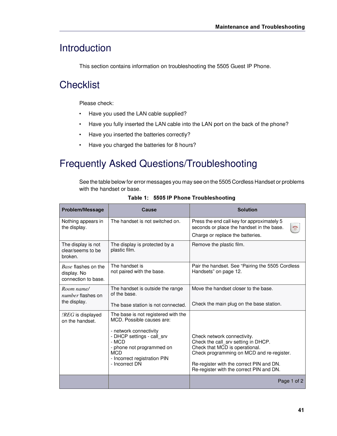 Mitel 5505 manual Checklist, Frequently Asked Questions/Troubleshooting 