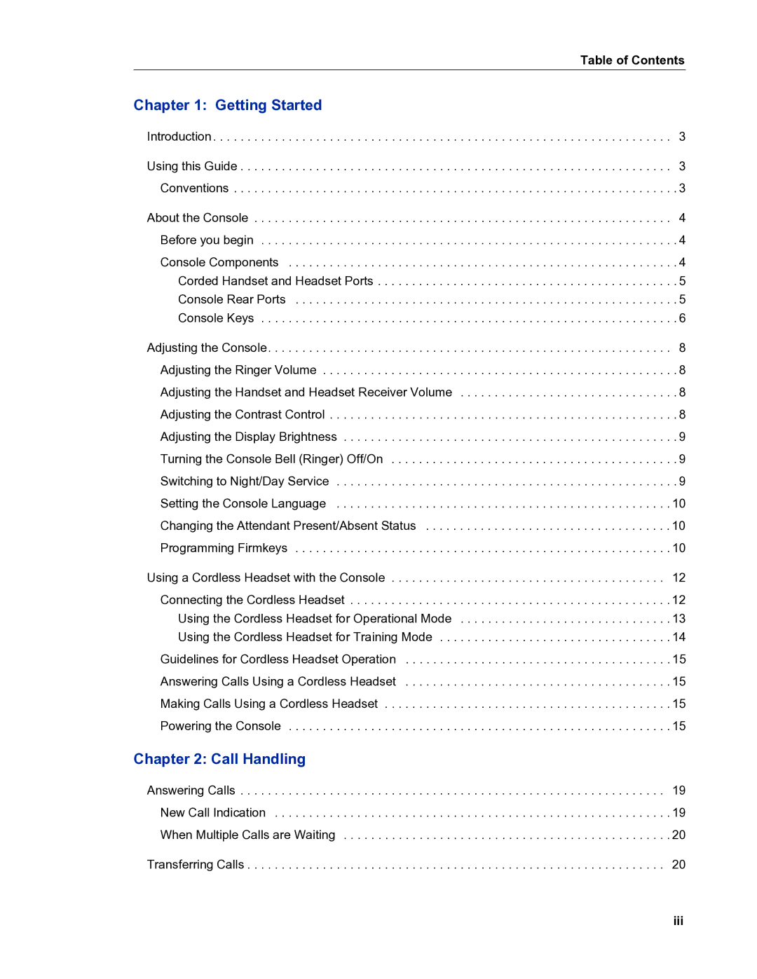 Mitel 5540 manual Table of Contents, Iii 